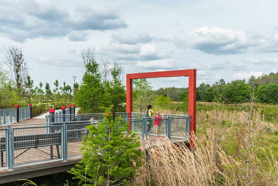 The back porch of the community Welcome Center—the first in the state to receive Florida’s Water Star designation—looks over a restored wetland habitat where Cypress trees have been transplanted into high-use areas for contrast and to celebrate nature.