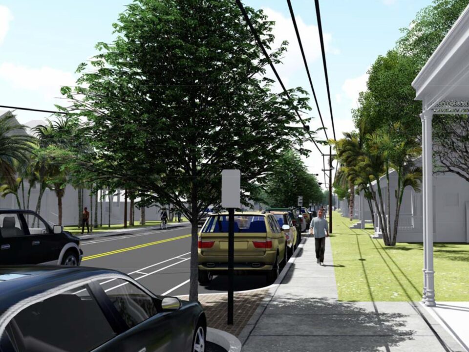 Proposed condition: This image depicts bump-out tree wells, which are self-watering via the use of street run-off. Narrow travel lanes result in decreased speeds in the residential neighborhood with bike lanes and on-street parking on both sides.
